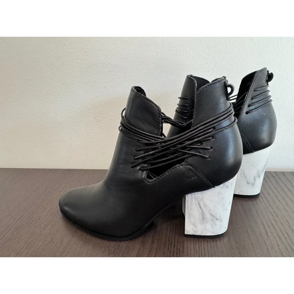 KDB Black Leather Cutout Ankle Boots Women 8 Marble Block‎ Heel Strappy Detail